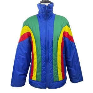 Vintage 70s Rainbow Ski Jacket Women Size S Montgomery Ward Blue Puffer